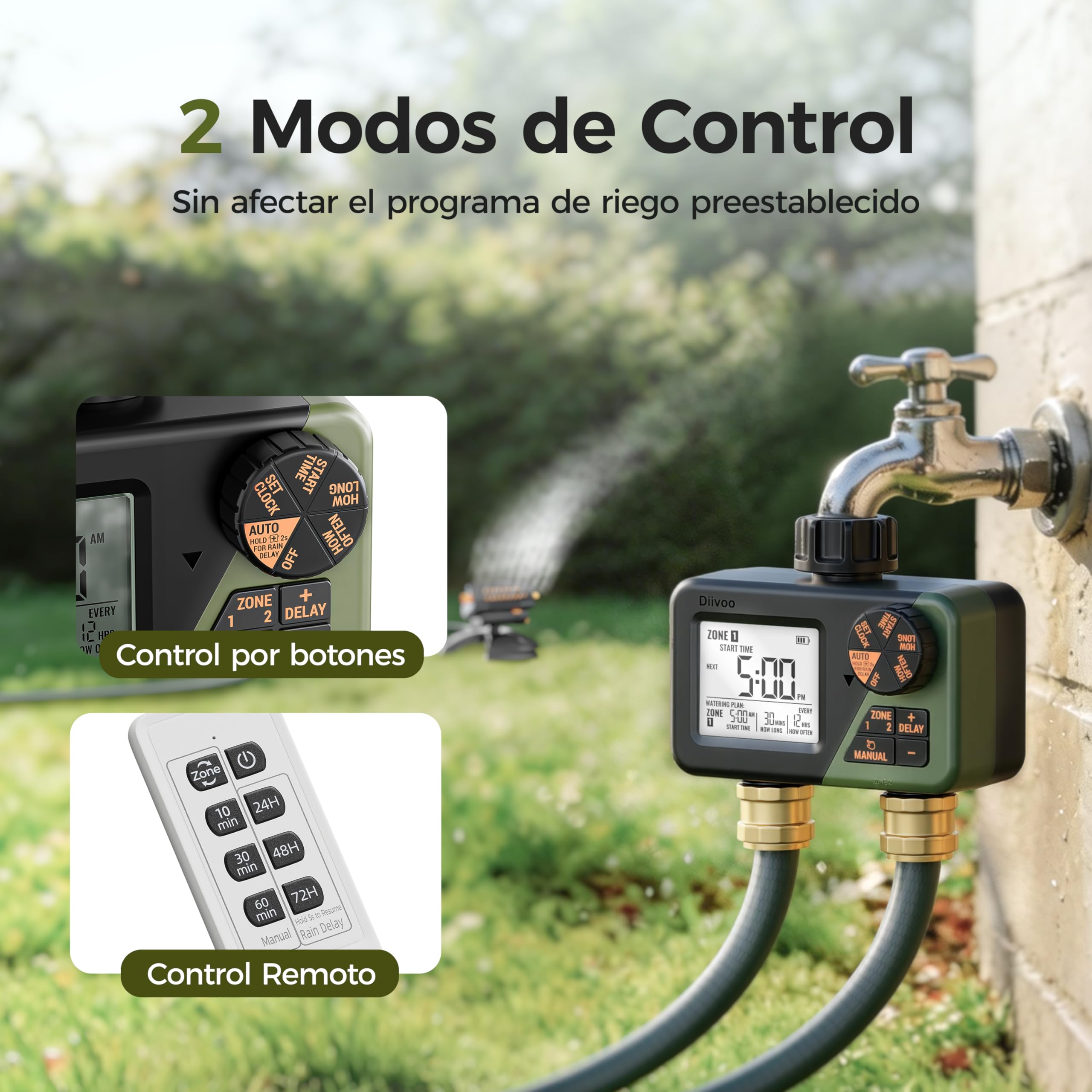 Diivoo Programador Riego con Control Remoto RF, Temporizador Riego Automatico Impermeable IP66 con Retraso por Lluvia, Riego Manual para Jardín, Césped