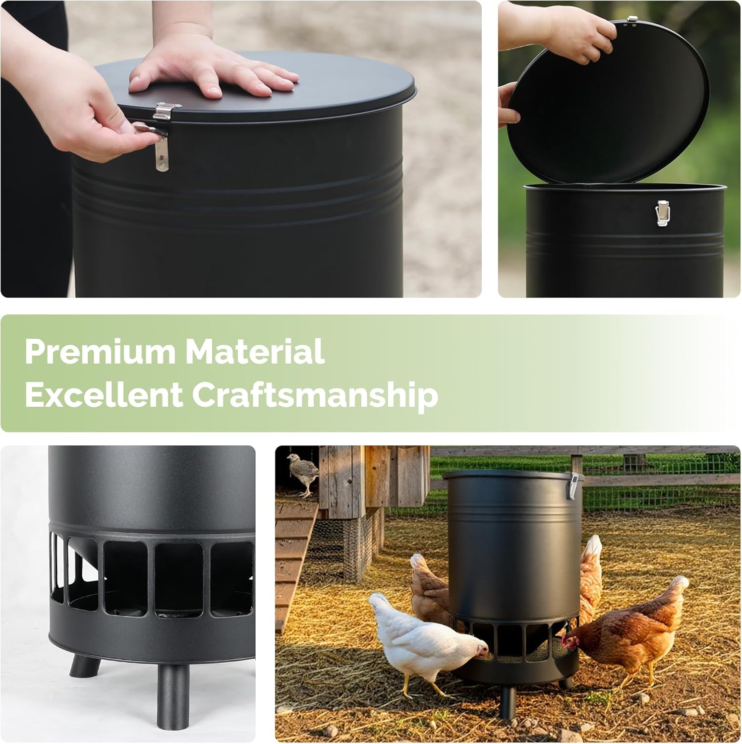 Solution4Patio 50LB No-Waste Chicken Feeder, Large Capacity Gravity Dispenser with Spill Control & 16 Feeding Ports Poultry Feeder for Outdoors & Hen Coop (Black)