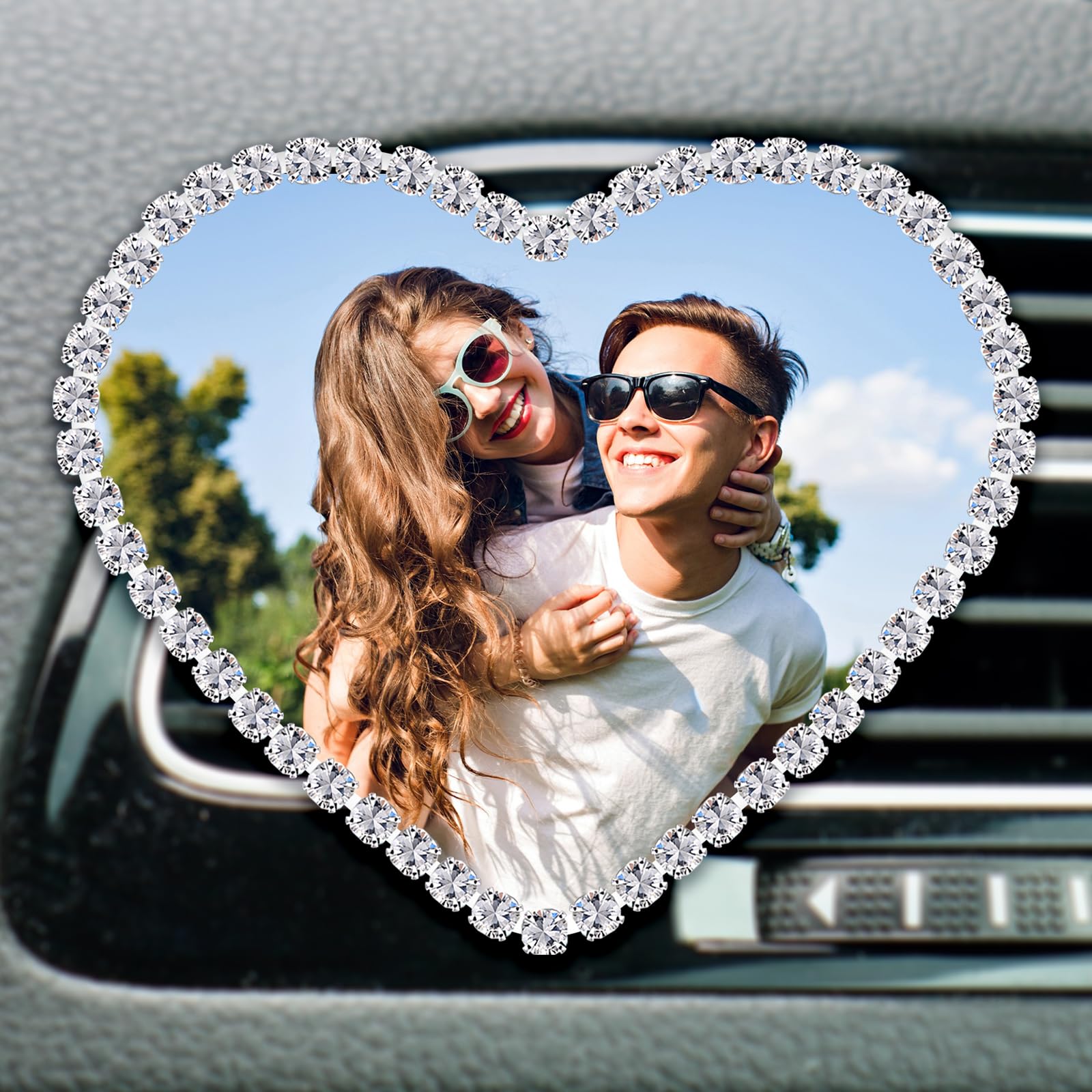 JIXIAGON Personalized Car Air Freshener with Photo – Custom Rhinestone Vent Clip & Heart-Shaped Acrylic Picture Frame for Car Interior Decoration