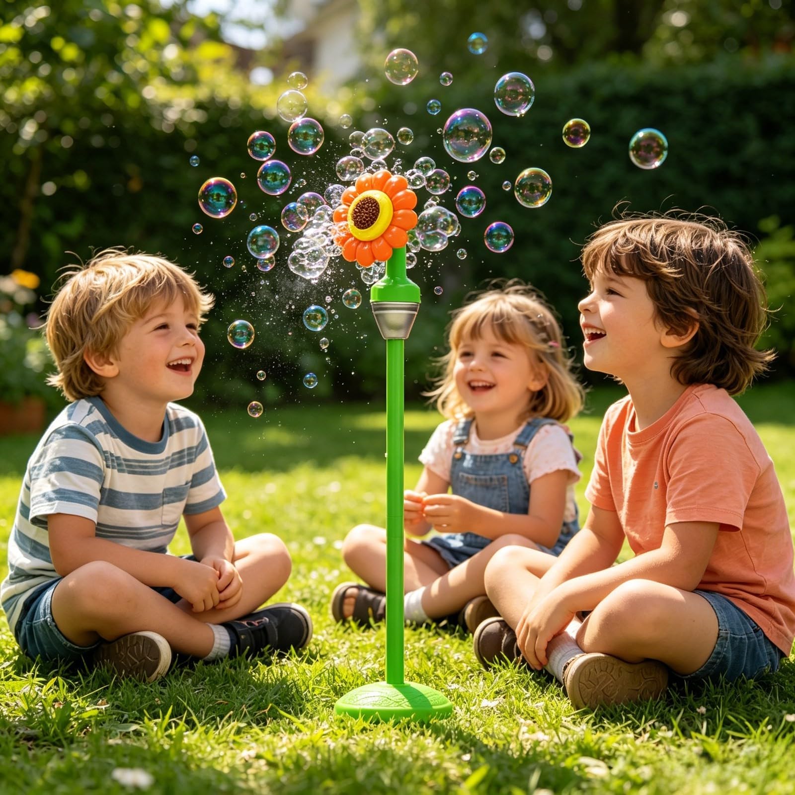 Standing Bubble Machine for Kids Outdoor, Rechargeable Automatic Bubble Maker, Sunflower Garden Torch Lamp with Music and Lights, Height Adjustable Party Toy for Wedding (Orange)