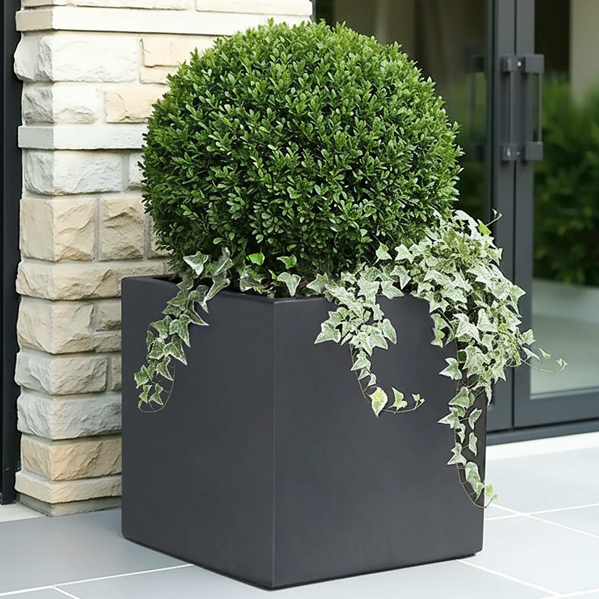 – IDEALIST 40cm Planter | Dark Grey Reinforced Stone Square Flower Pot | Garden Planters with Drainage Holes L40 W40 H40 cm, 65 litres