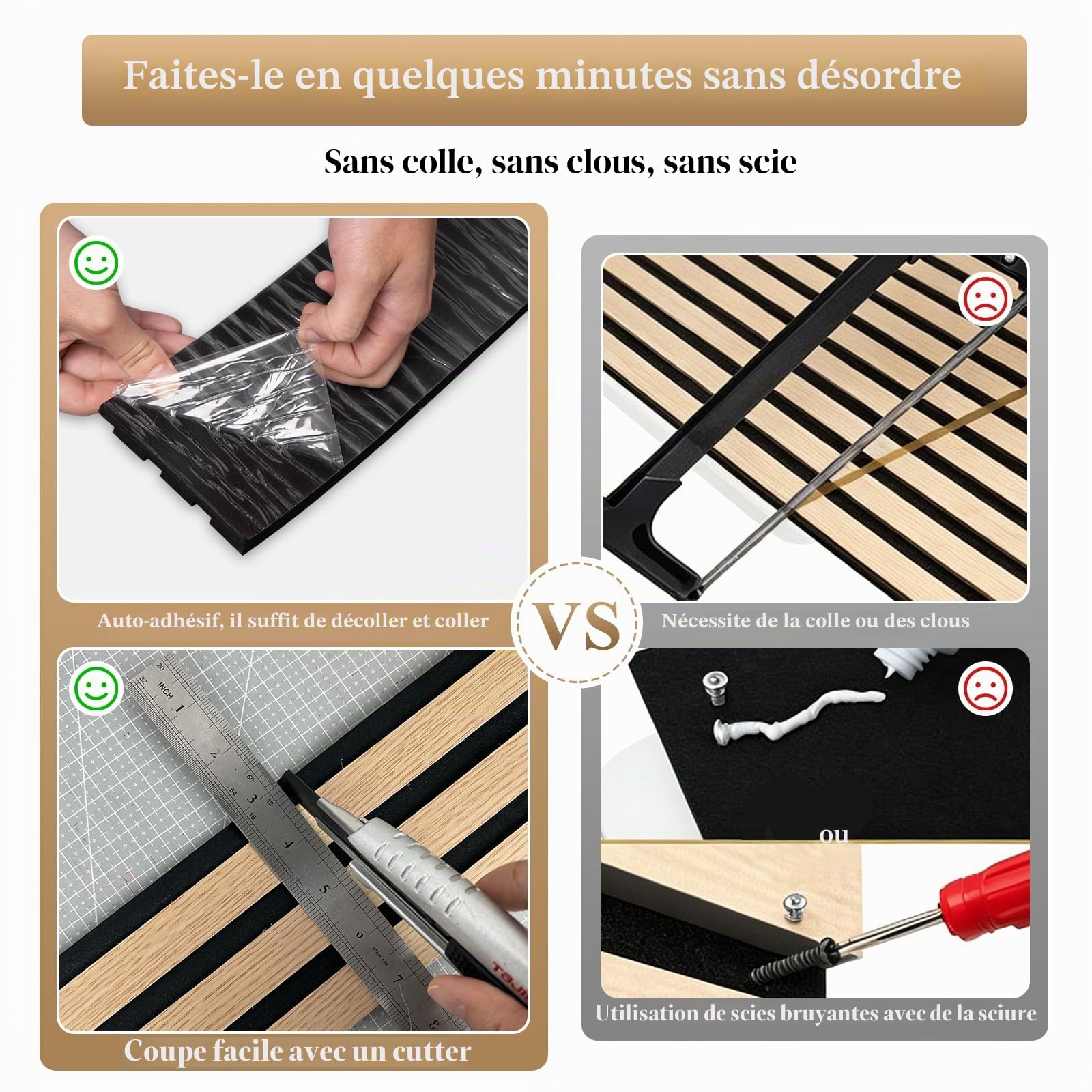 Panneaux muraux à lattes autocollants, panneaux muraux décoratifs à décoller et à coller, panneau en bois 3D pour murs (2,5 mètres/rouleau)