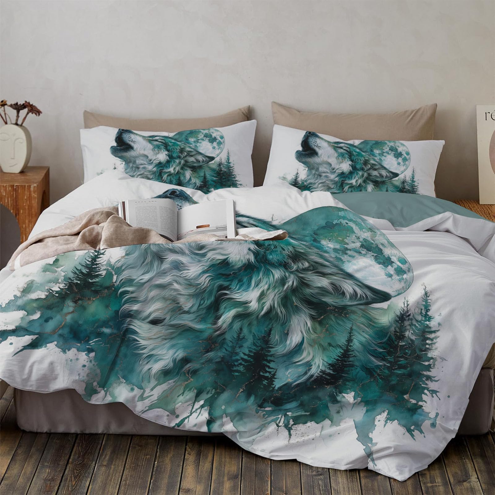 Parure de lit loup aquarelle 200x200 avec housse de couette imprimée pleine lune et taies d'oreiller