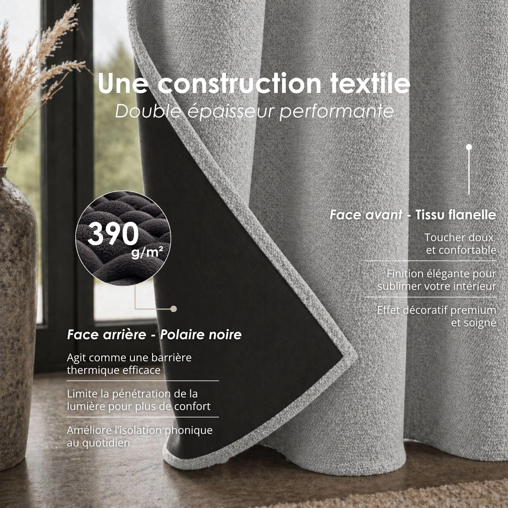 Rideau Thermique Phonique KONFOR - Flanelle Polyester - Occultant Isolant Froid et Bruit - Chambre Salon Bureau - 8 Oeillets - 250 x 260 cm - Gris Perle