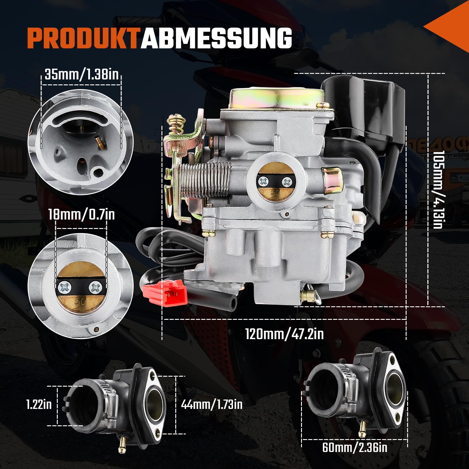 GEARMONSTER 18mm Roller Vergaser Vergaser und Ansaugstutzen für Rex RS 400/RS 450/RS 460/GY6 50cc/GY6 60cc Inkl. E-Choke