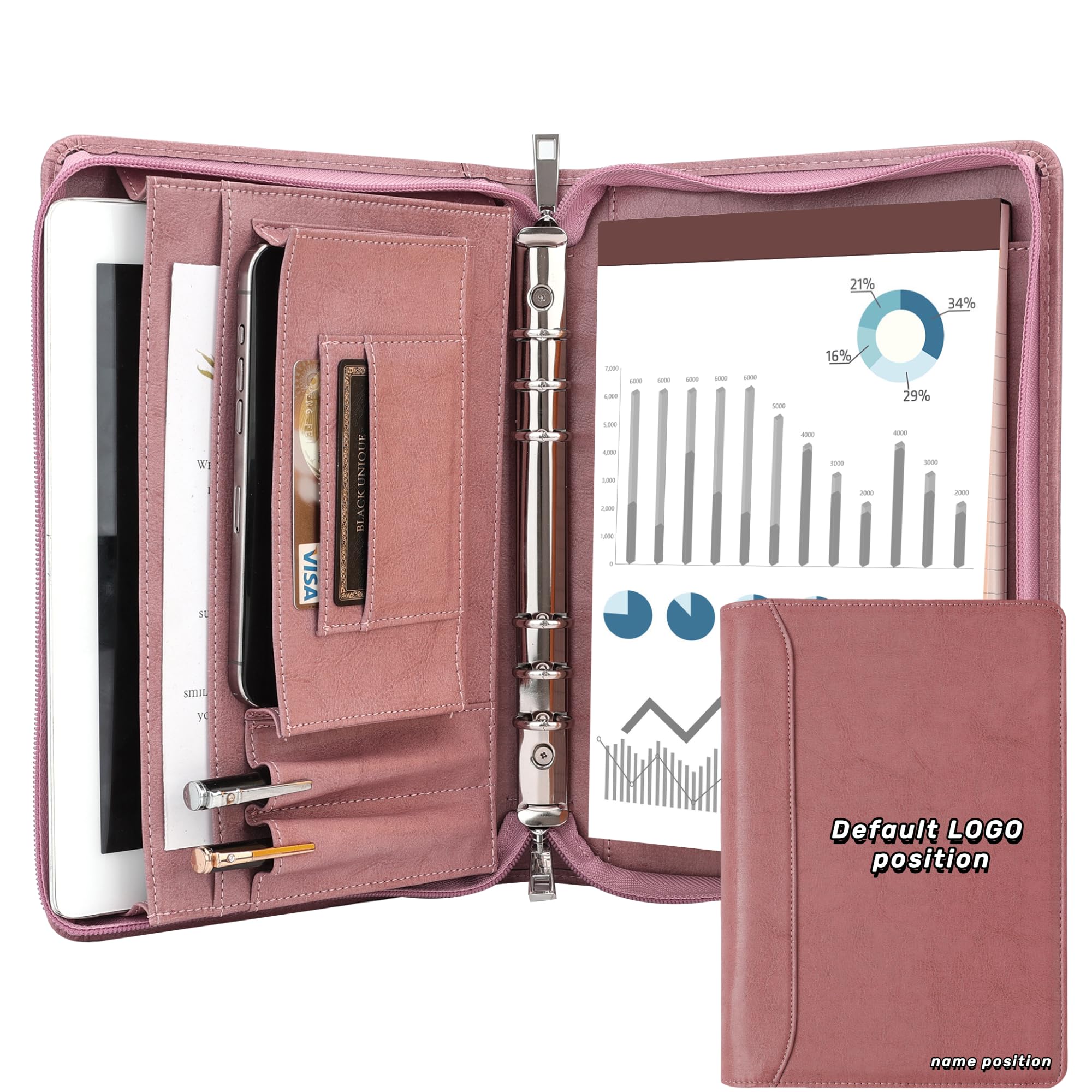 KISSKI Personalized Pink Portfolio for Women, Free Logo Custom, A5 Planner Binder 6 Ring Padfolio Organizer Folio, Engraved Gifts for Mom, Grandmam, Wife, Daughter, Handmade Customized Gifts