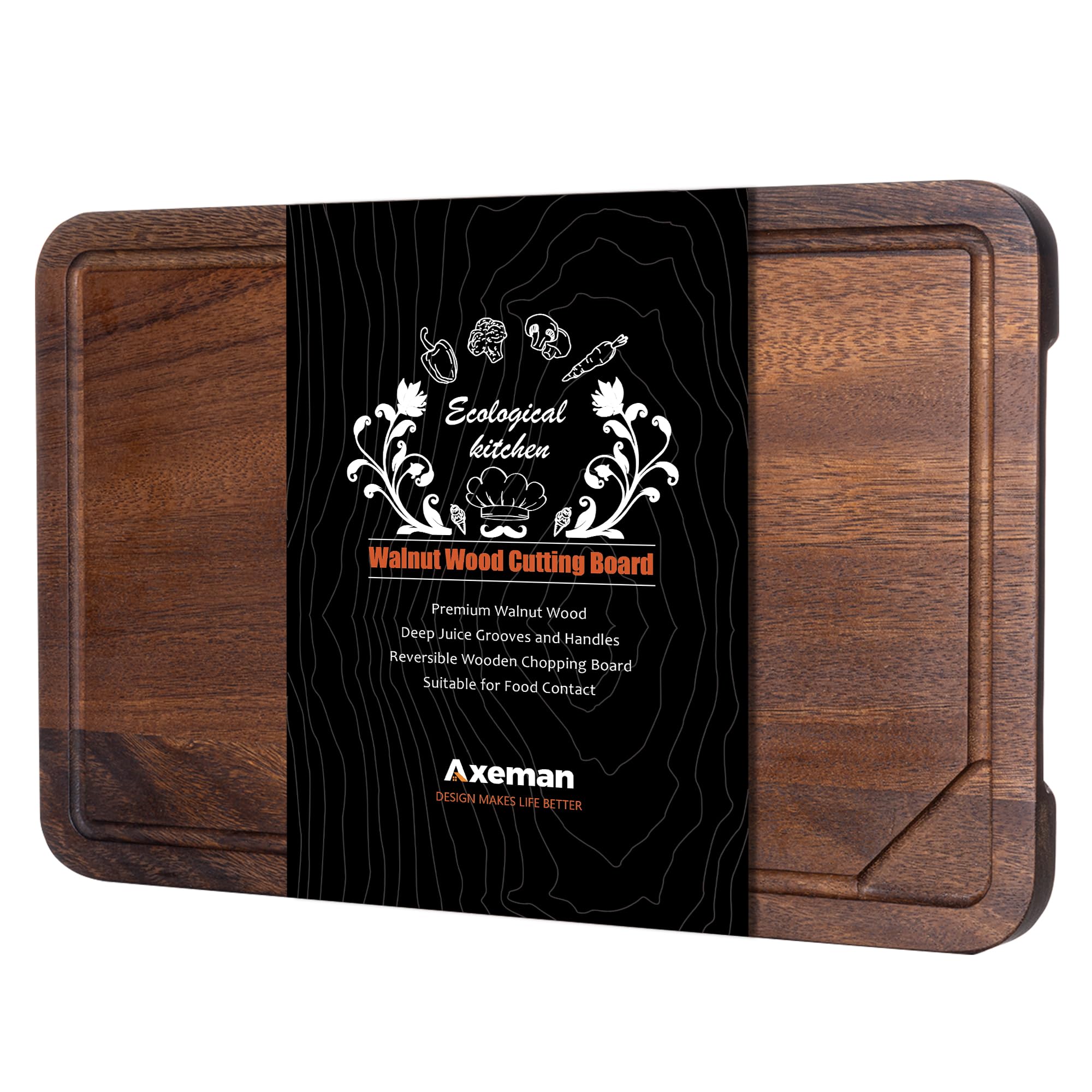 Axeman Walnut Wood Cutting Board with Juice Groove for Kitchen Countertop, Tick American Black-Walnut Wooden Chopping Board Charcuterie Board Butcher Block for Meat Vegetables, 16x10 inch