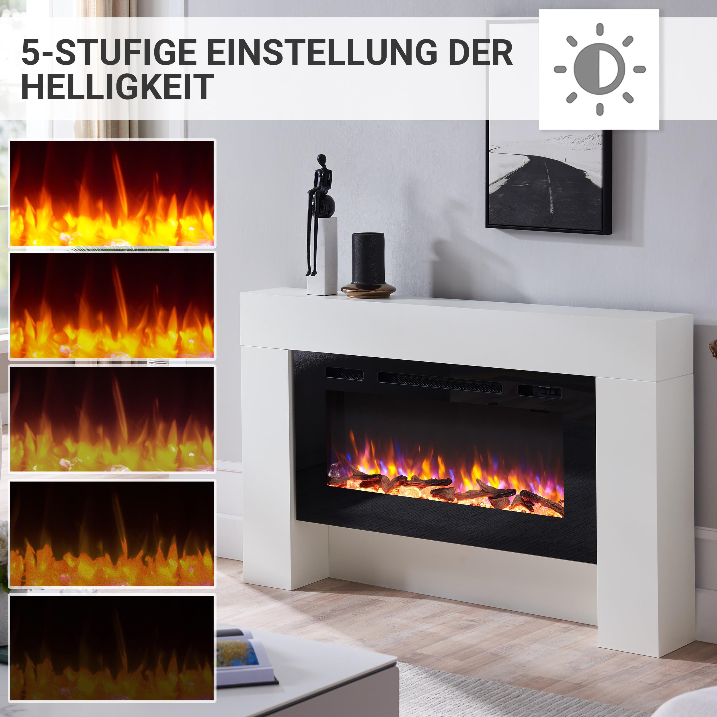 BALDERIA Elektrokamin Herkules, Elektrischer Standkkamin, Weiß | 3D-Flammeneffekt, Elektro Heizung 1000/2000W, LED-Beleuchtung, Fernbedienung, Timer, Startsteuerung, Thermostat