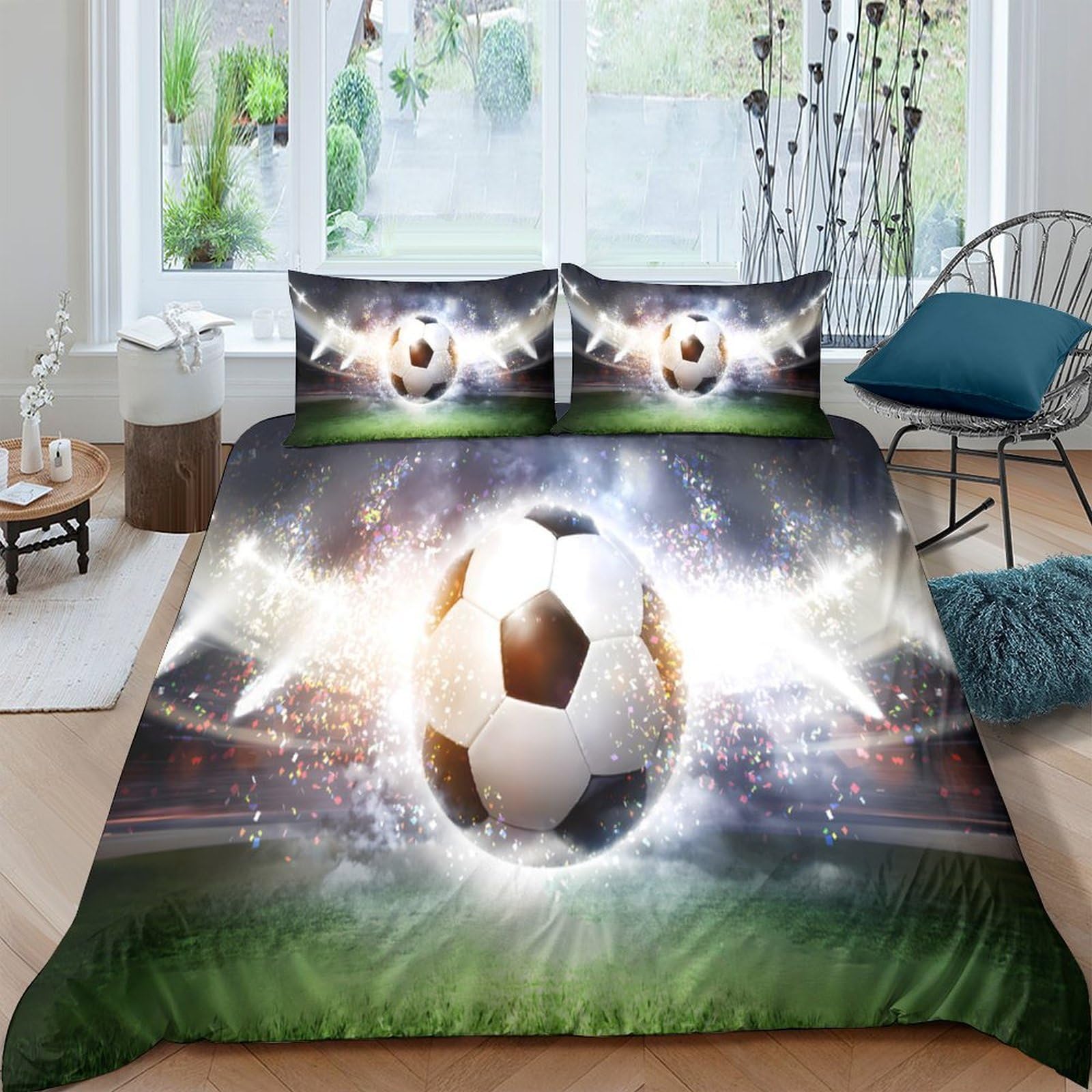 XFKLYNVCJ 3D Printed soccerball Bed Cover Polyester sports dynamic style Bedding Cover Wrinkle Resistant Shrink Resistant for Young Adults Rental Home Teen Bedroom Use Super king（260x220cm）