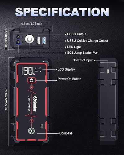 Miniatura 9 de Arrancador de batería portátil, arrancador de batería de coche con 3 modos de linterna, brújula, banco de energía y cable de puente