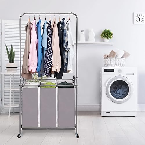 Miniatura 2 de STORAGE MANIAC Clasificador de ropa sucia con barra para colgar, carrito de lavandería con ruedas enrollables resistentes y bolsas extraíbles,