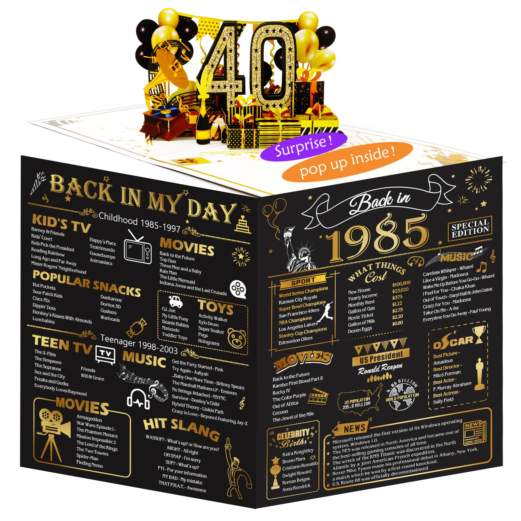 40th Birthday Card With Lights & Music - "Back In 1985" Retro Pop-Up Boombox Card With Trivia