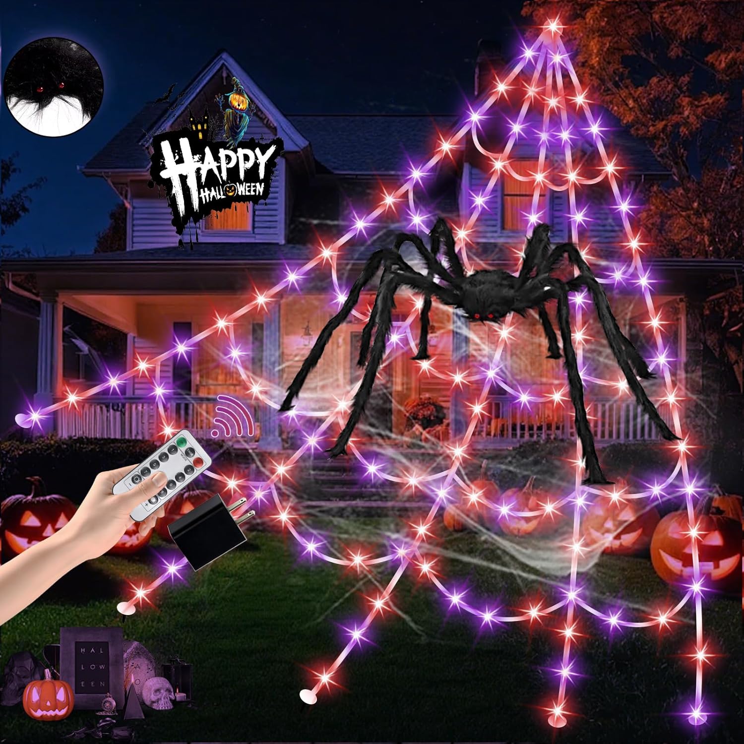 Halloween Spider Web Lights 550 LED Lighted Spider Web 16.4Ft Giant Halloween Decorations Light up with 8 Lighting Modes Waterproof & Timer for Indoor Outdoor House Haunted Yard Decor, Orange & Purple Art Deco