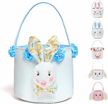 Easter Basket Bags,Easter Eggs-Gift Baskets for Kids,Bunny Tote Bag Bucket for Easter Eggs,Toys, Candy,Gifts Vintage Blue Bunny-2