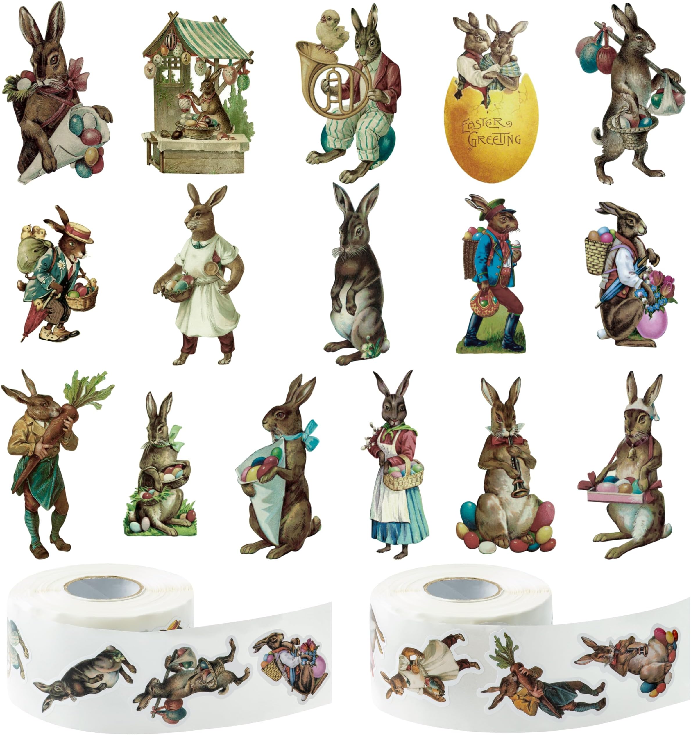 CNhoqc 1000pcs Vintage Victorian Bunny Peeps Sticker Roll (2 Rolls), Vintage Bunny-Shaped 16 Design Cute Cartoon Rabbit Sticker Self-Adhesive Decal Novelty Party Supplies for Kid