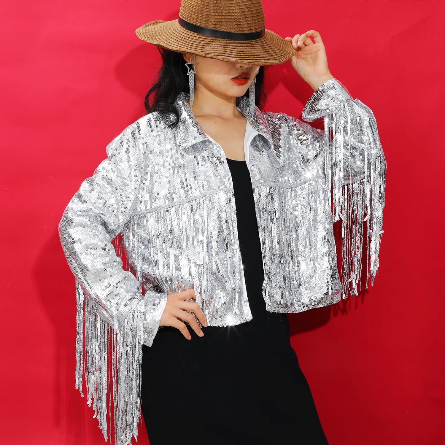 Toulite Women's Sequin Fringe Jacket Disco Theme Star Tassel Earrings Costume Accessory Silver Glitter Sequin Jacket Crystal Waterfall Fringe Earrings Y2k 90s Streetwear for Western Concert - Image 2