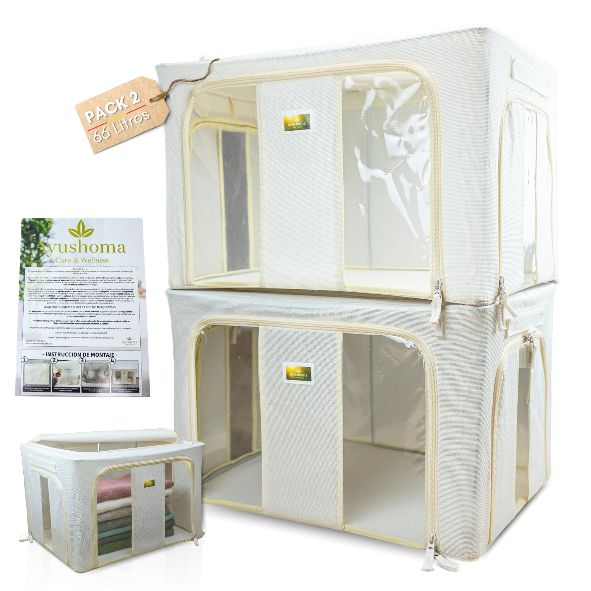 Organizador Armario, Cajas Almacenaje, Plegable, Transpirable, Apilable, Tela de Algodón y Lino, con Marco Metálico, 66 litros, 2 piezas, Cajas organizadoras, Bolsas para guardar Ropa