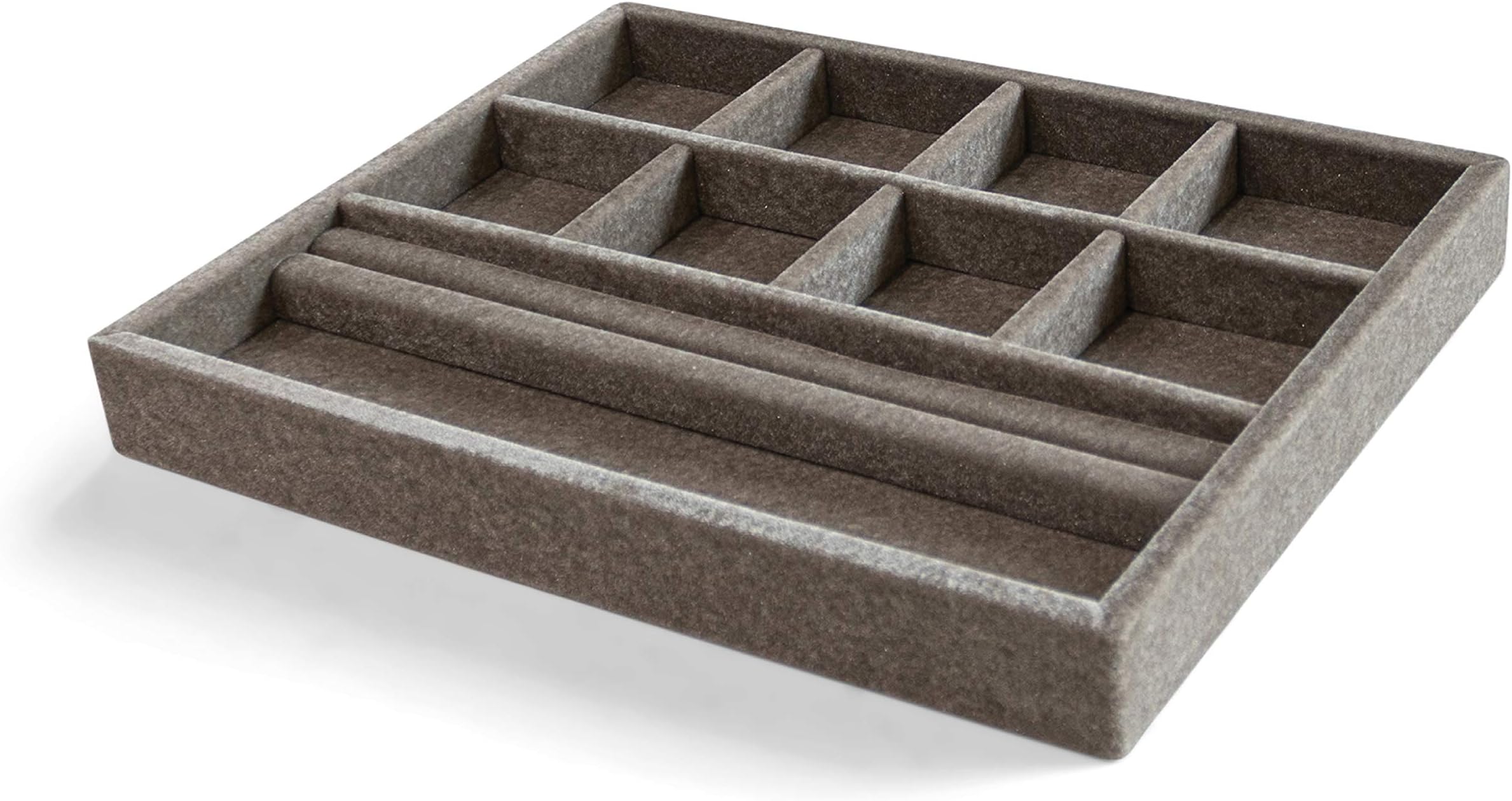 Jewelry Drawer Organizer, Wood and Velvet Tray for Jewels, Rings, Necklaces, Bracelets, 10 Compartments, Stackable and Durable, Made In USA Silver/Gray 15”x 12” x2”