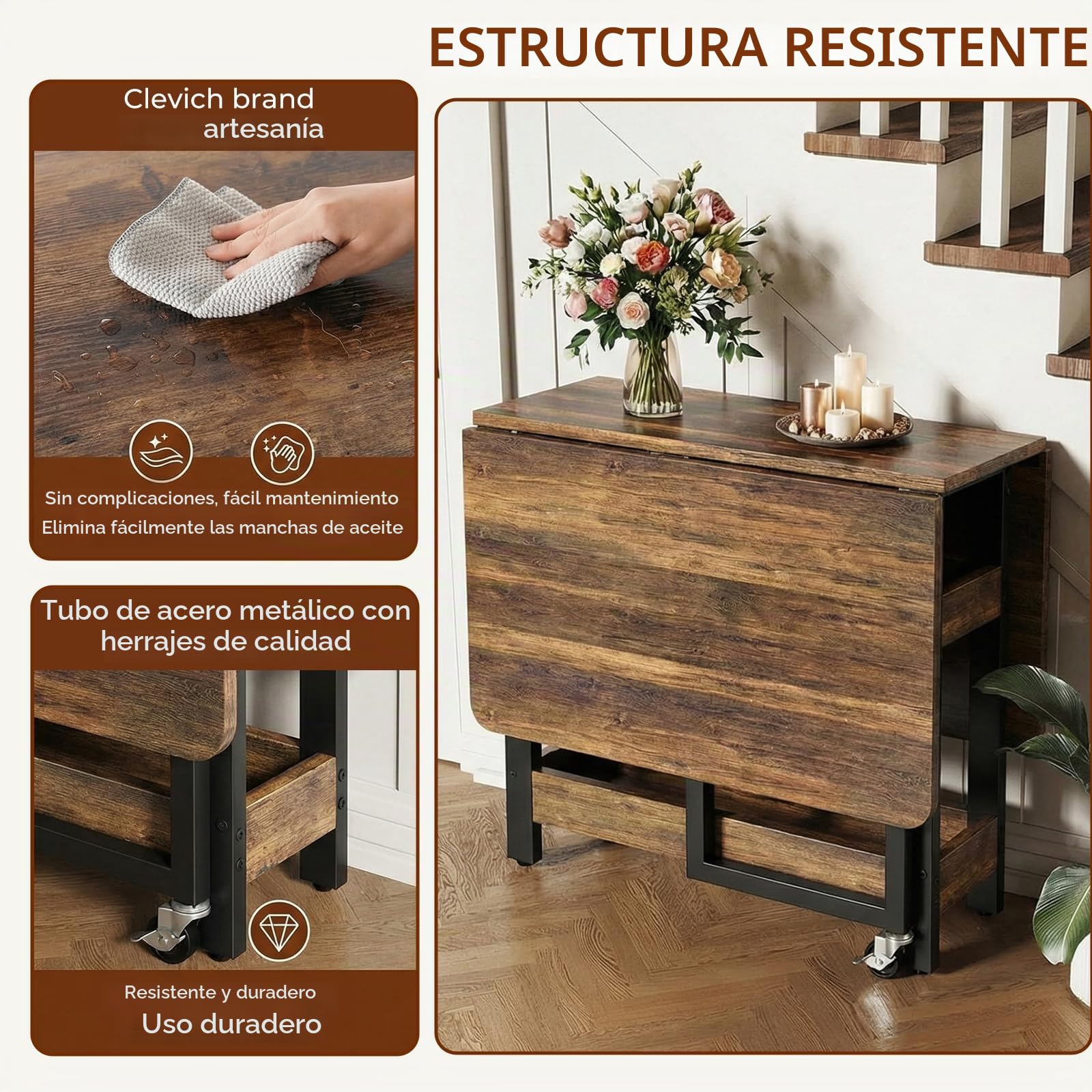 Clevich Mesa Plegable de Comedor con 2 estantes, Capacidad para 4-6 Personas, Ideal para Espacios pequeños, Solo 0,218 m³ Cuando está plegada, para Cocina y hogar, 133x80x75cm, Madera de Tigre.