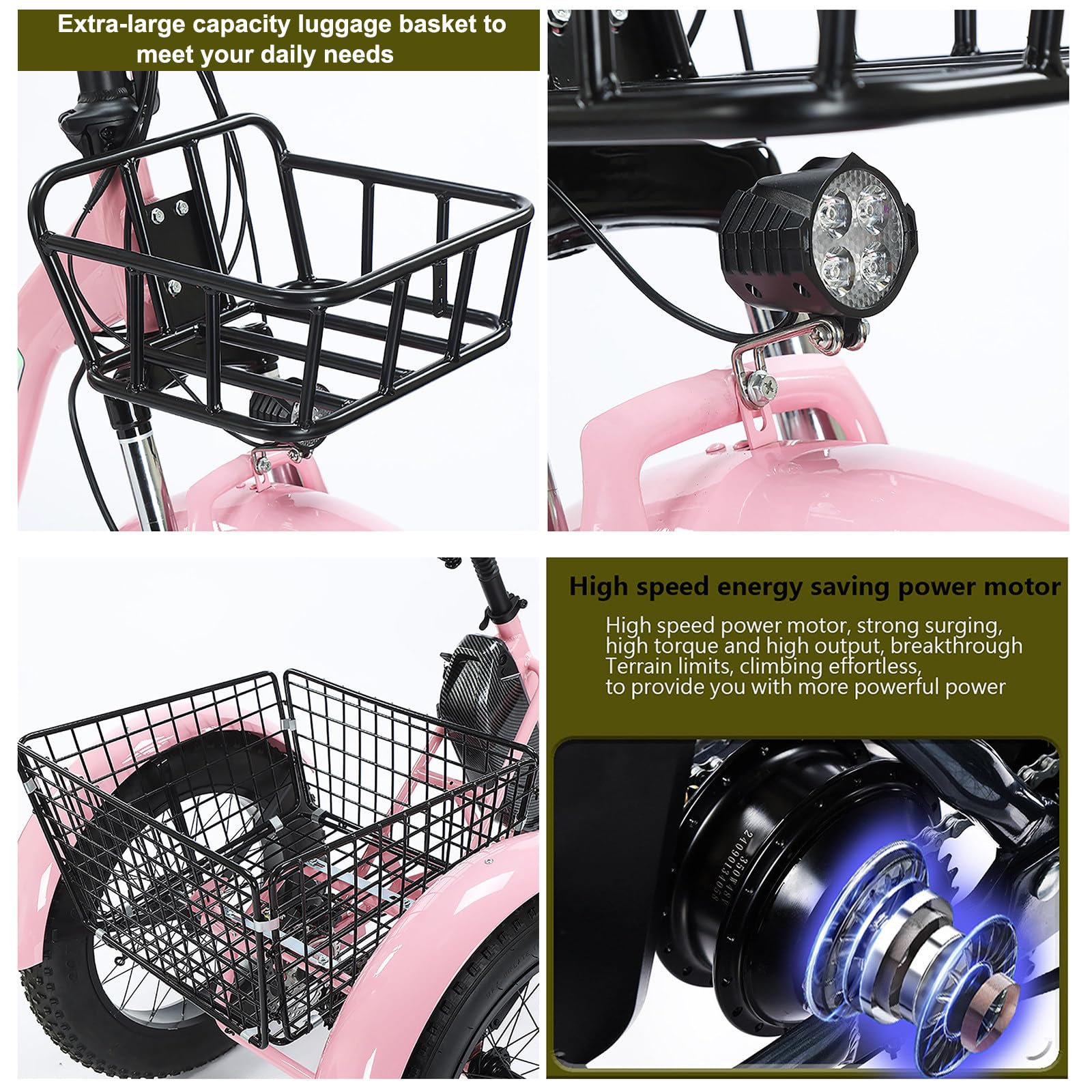 20" Triciclo Elettrico Per Adulti, Batteria Rimovibile Da 48V 13Ah (Autonomia 30-40 Km), Doppi Freni A Disco, Display Led, Capacità Di Carico Massima Di 150kg, Per Pendolarismo, Viaggi Pink