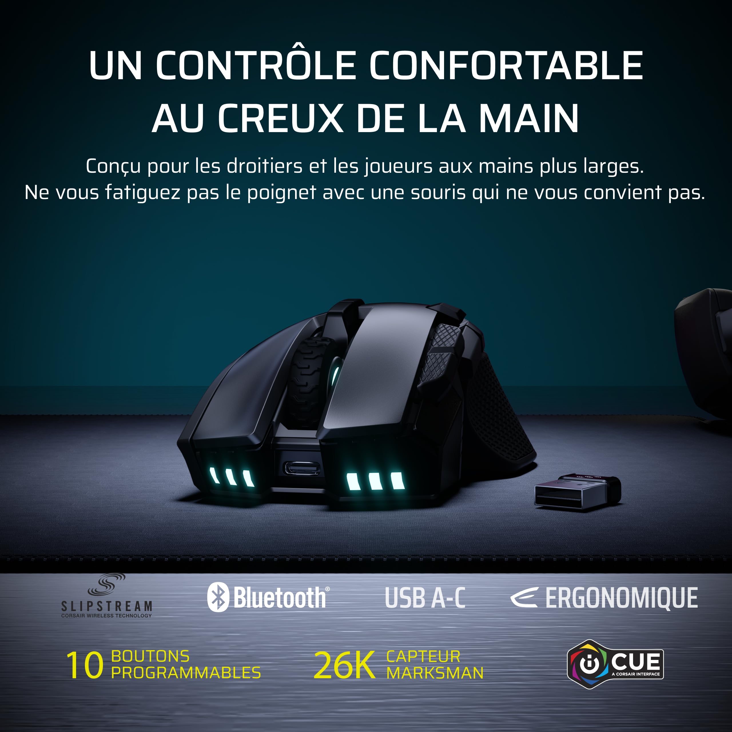 Corsair IRONCLAW Wireless SE (2026) Souris Gaming – Noir | 26 000 DPI, Forme Ergonomique pour Les Grandes Mains, 10 Boutons Programmables, pour MOBA, FPS, MMO