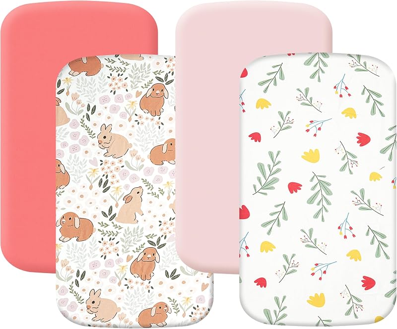 4 Pack Bassinet Sheets 19" x 33", Compatible with Baby Delight, BabyBond and Dream On Me Skylar/Lotus/Traveler Baby Bassinet, Soft and Skin-Friendly, Pink and Rabbit