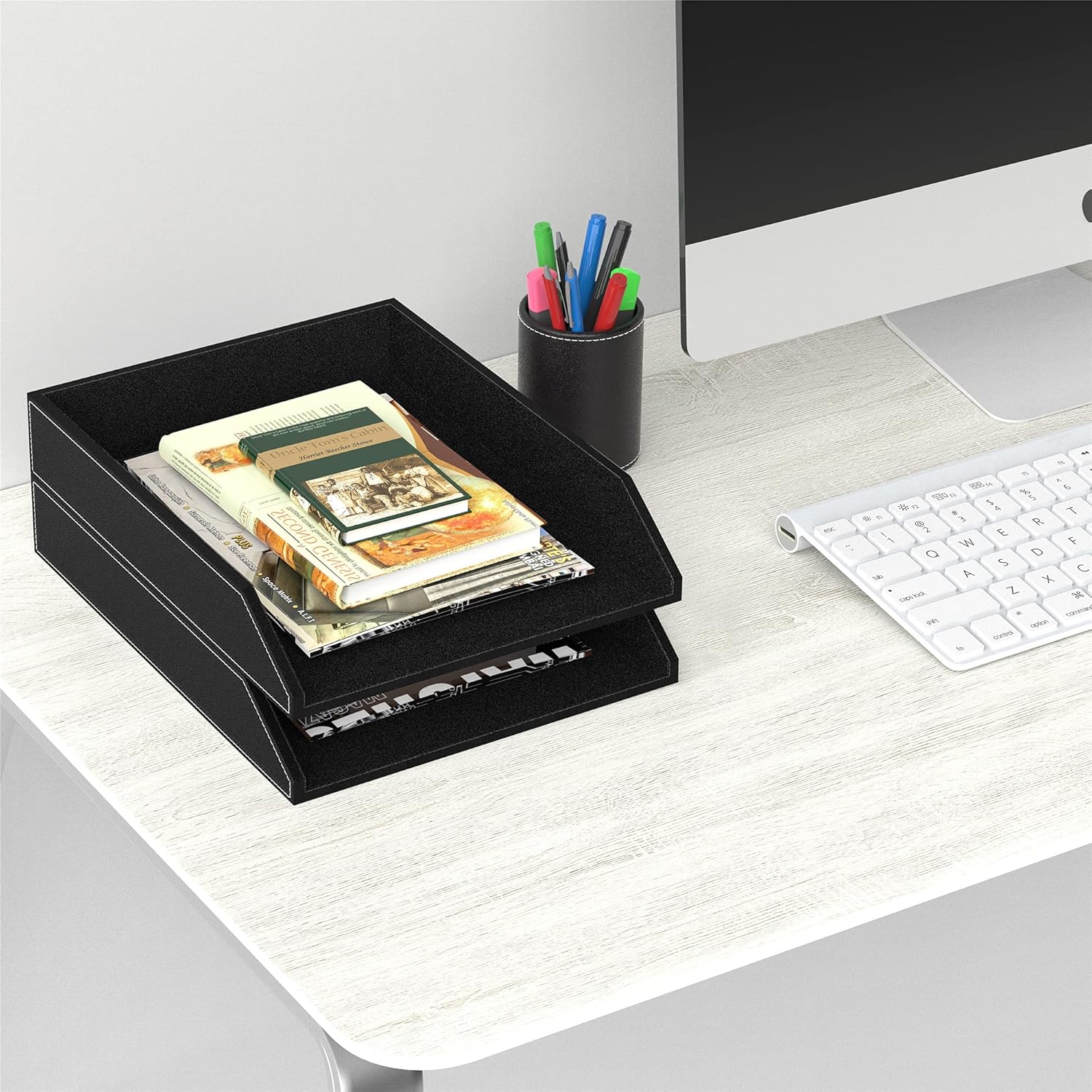 Leather Letter Tray, Thipoten Stackable Desk Organizer Holder for Office Supplies, Paper, File, Magazine, Perfect Office Organization for Desktop (Black-2Tiers)