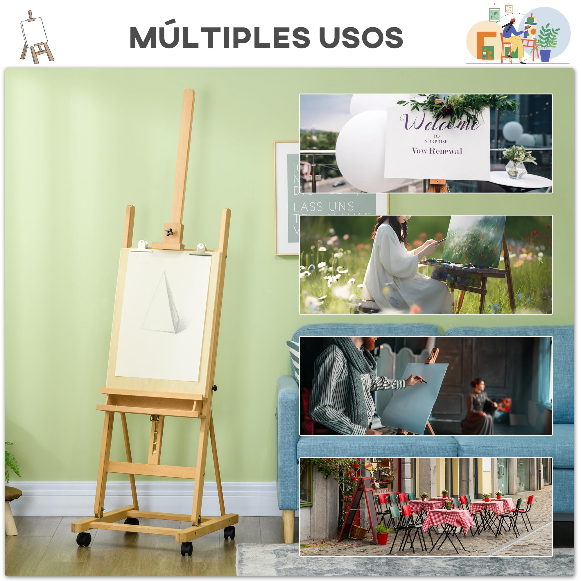 Vinsetto Caballete de Pintura Plegable, 238 cm, Caballete de Madera con Ruedas, Altura Ajustable, Bandeja, para Adultos, Artistas, Pintor, Estudiantes, Natural