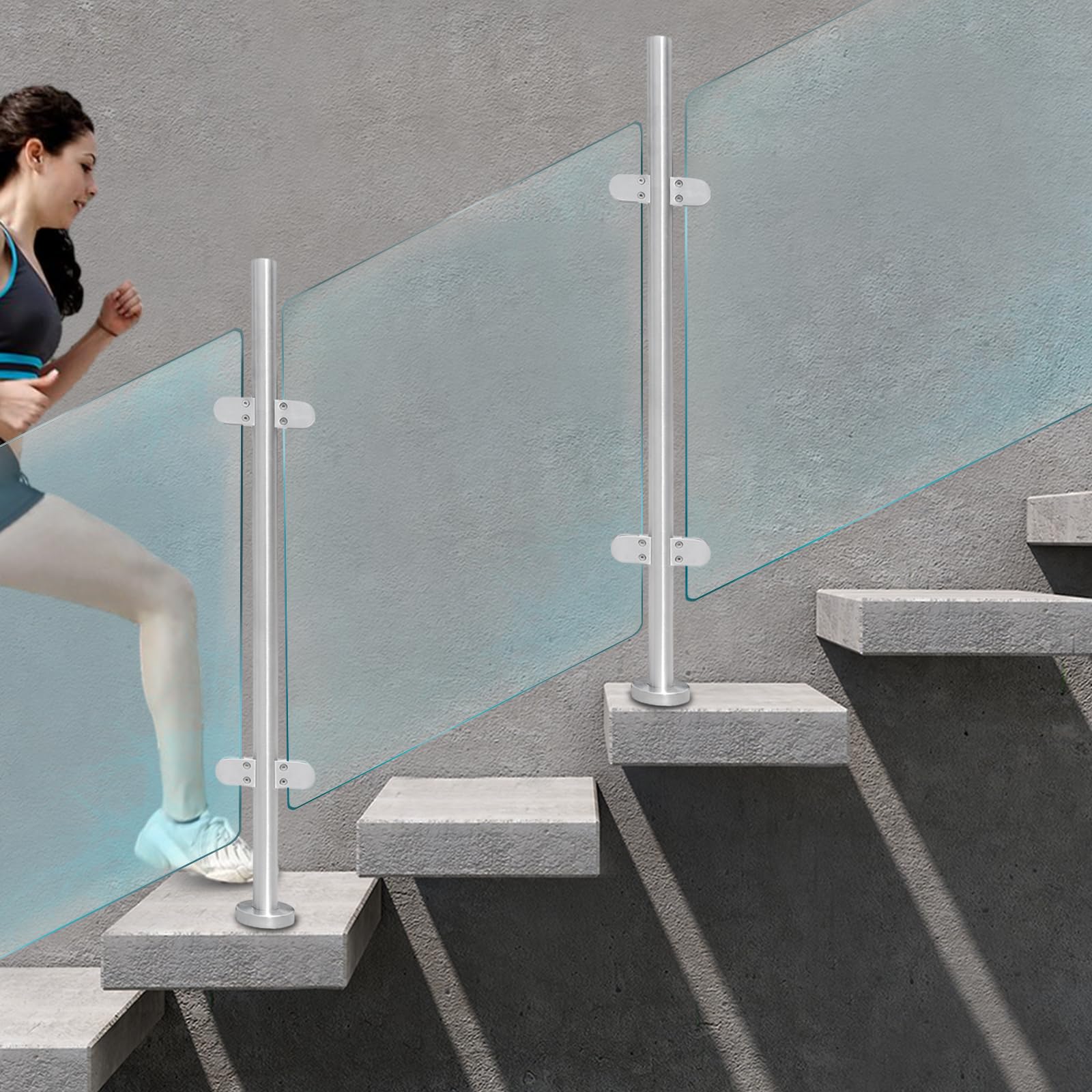 Balaustra in vetro alto palo centrale ringhiera vetrata corrimano in acciaio inox argento,per ringhiere del balcone, soffitta, corrimano per scale