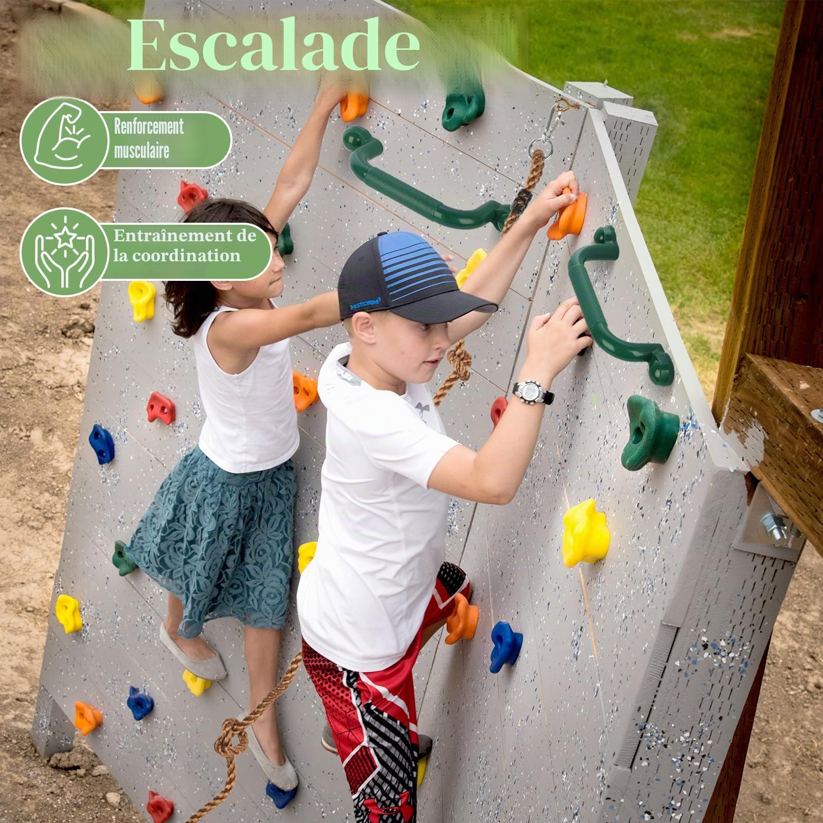 20pcs Prise Escalade Enfant Exterieur, Mur Escalade Enfant Exterieur avec 270cm Corde Nouée D'escalade et 2pcs Vert Poignées Maintien Aire de Jeux, Rock Climbing Holds pour Intérieur et Extérieur