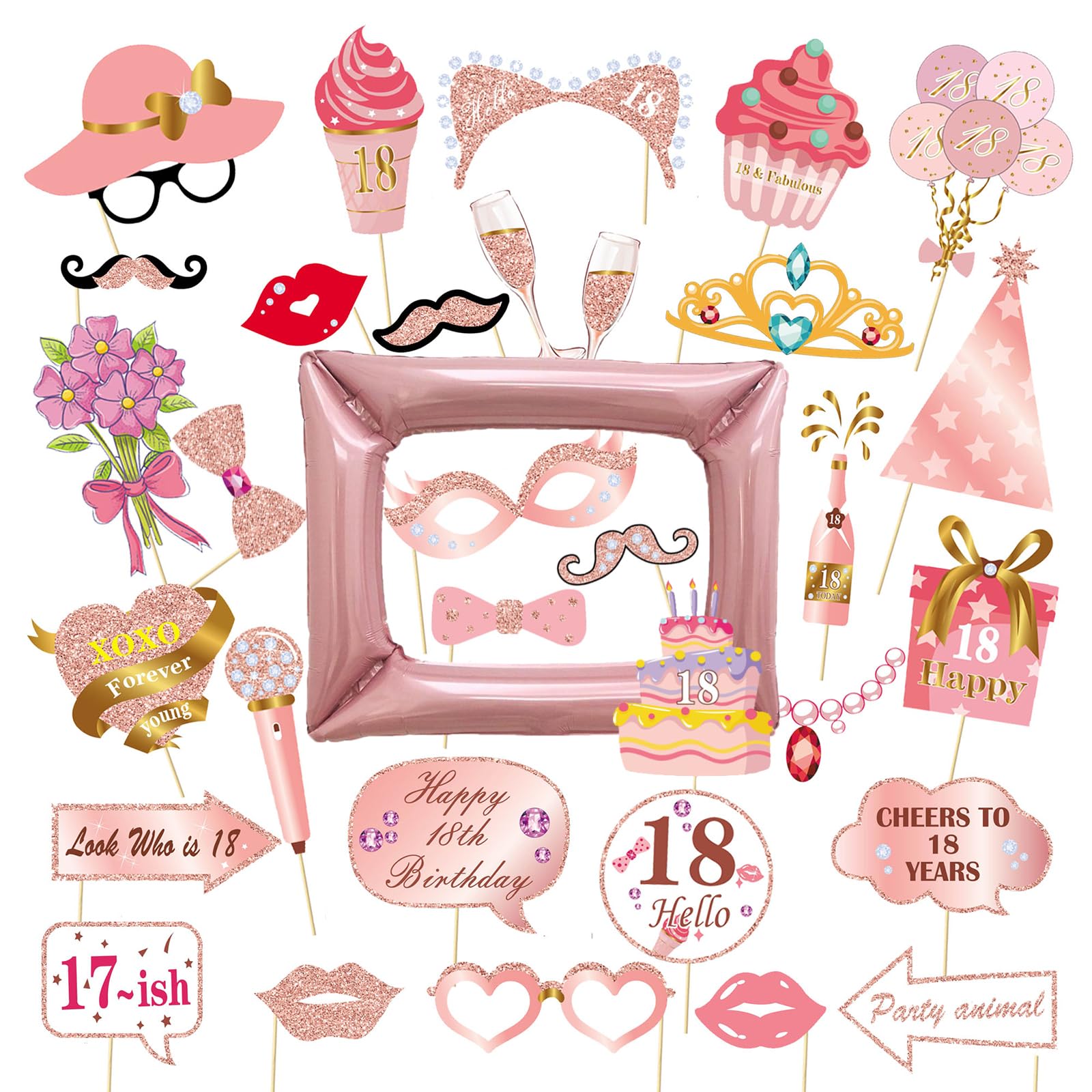 Veroa Women's Rose Gold 18Th 34 Pcs 18Th Birthday Party Photo Booth Props, Men Rose Gold Photo Booth Frame Suitable Holiday Party Supplies Theme Inflatable Photo Booth Frame