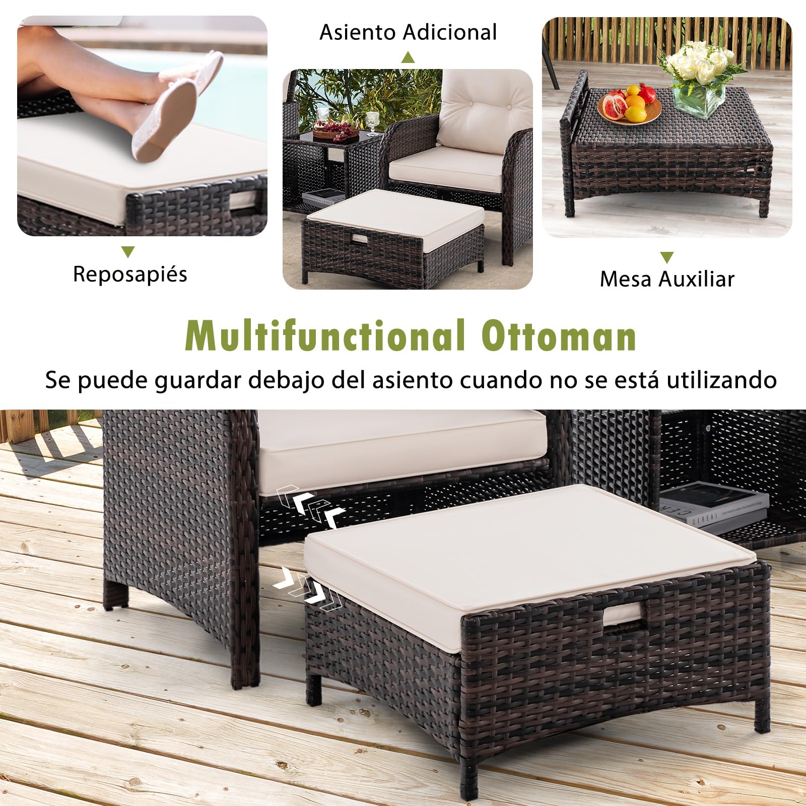 GYMAX Conjunto de Muebles de Jardín de Ratán 5 Piezas, Muebles Jardin Exterior con Cojines, 2 Sillones 2 Otomanas y Mesa Baja en Vidrio Templado, para Cojines, Jardín Patio Piscina, Beige