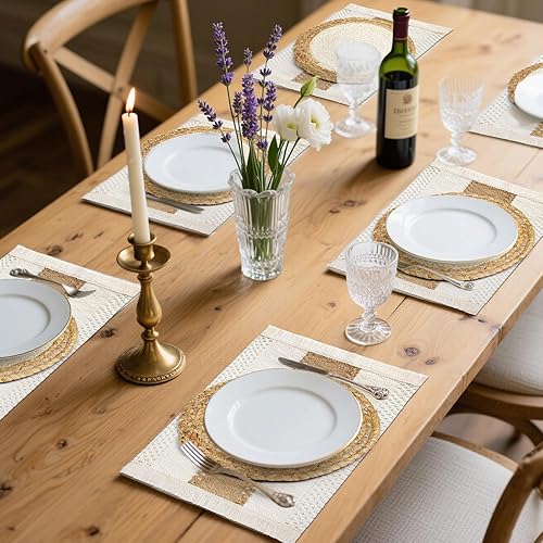 Miniatura 6 de Juego de 6 manteles individuales hechos a mano, hechos a mano, arpillera de algodón natural y paja de agua, combinados, decoración de macramé y