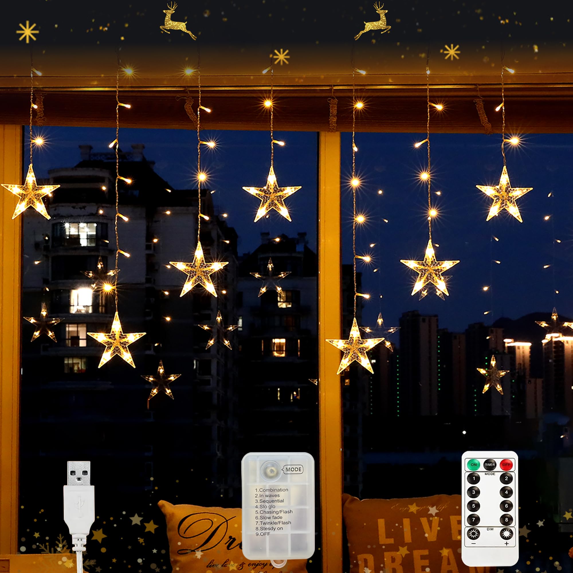 Aluusy Cortina de Luces Navidad 3m 120 LEDs Estrellas Luces Navidad Pilas/USB, IP44 Impermeable, 8 Modos Luces de Navidad Exterior Interior para Decoracion Navidad Ventana, Balcon
