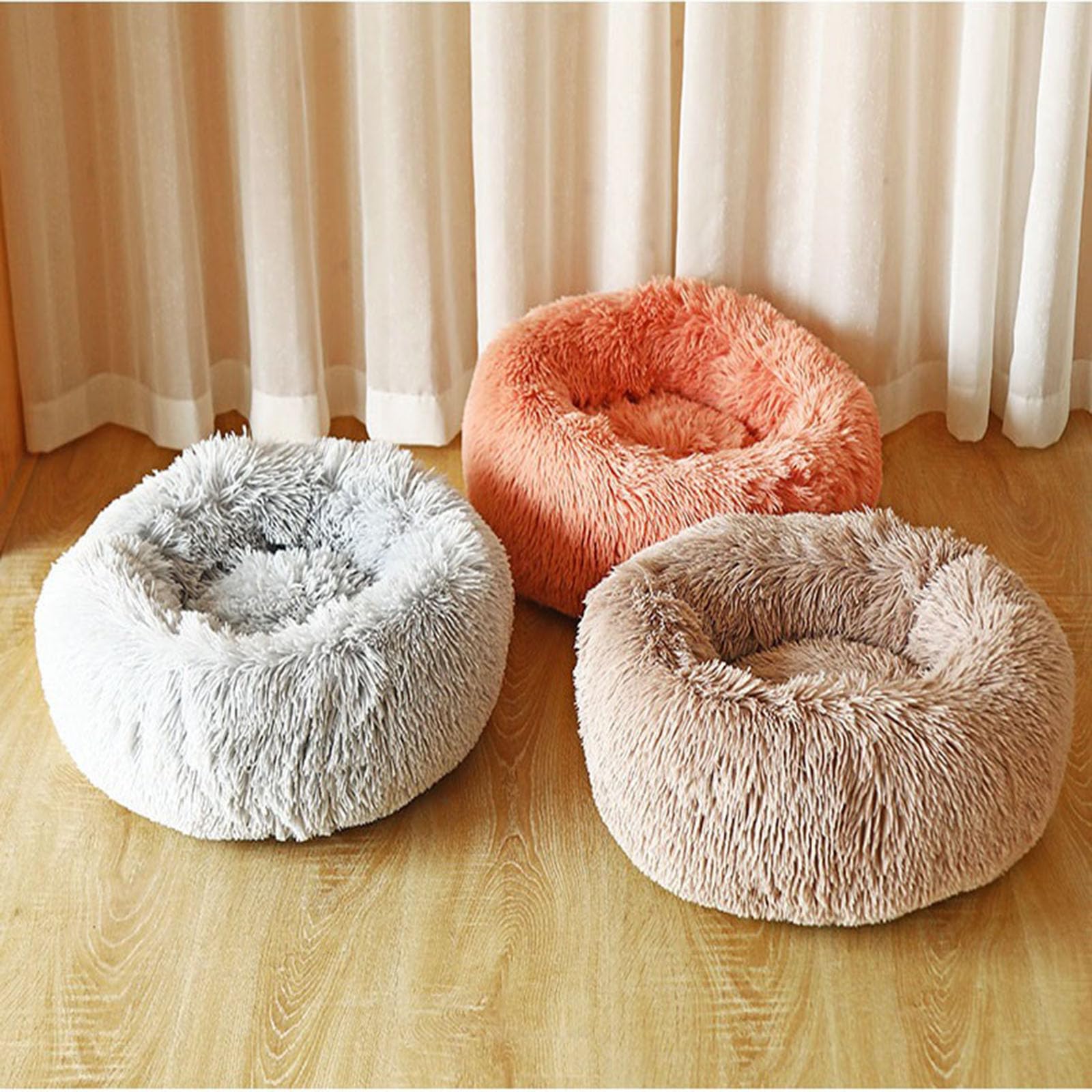 Cuccia rotonda a ciambella per animali domestici, letto caldo e soffice per cani, cuccia anti-ansia per cani, a pelo lungo per gatti da interno con fondo antiscivolo, nido coccole per animali