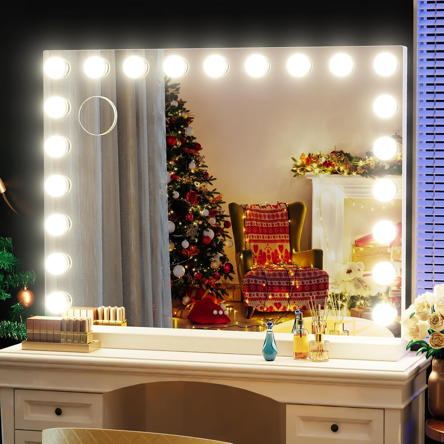 18 Extra Bulbs Vanity Mirror with Lights with USB & Type-C Charing, 32WX24L Tabletop Hollyhood Makeup Mirror, Lighted Vanity Mirror,3 Colors Modes,Touch Control,Metal Frame,White