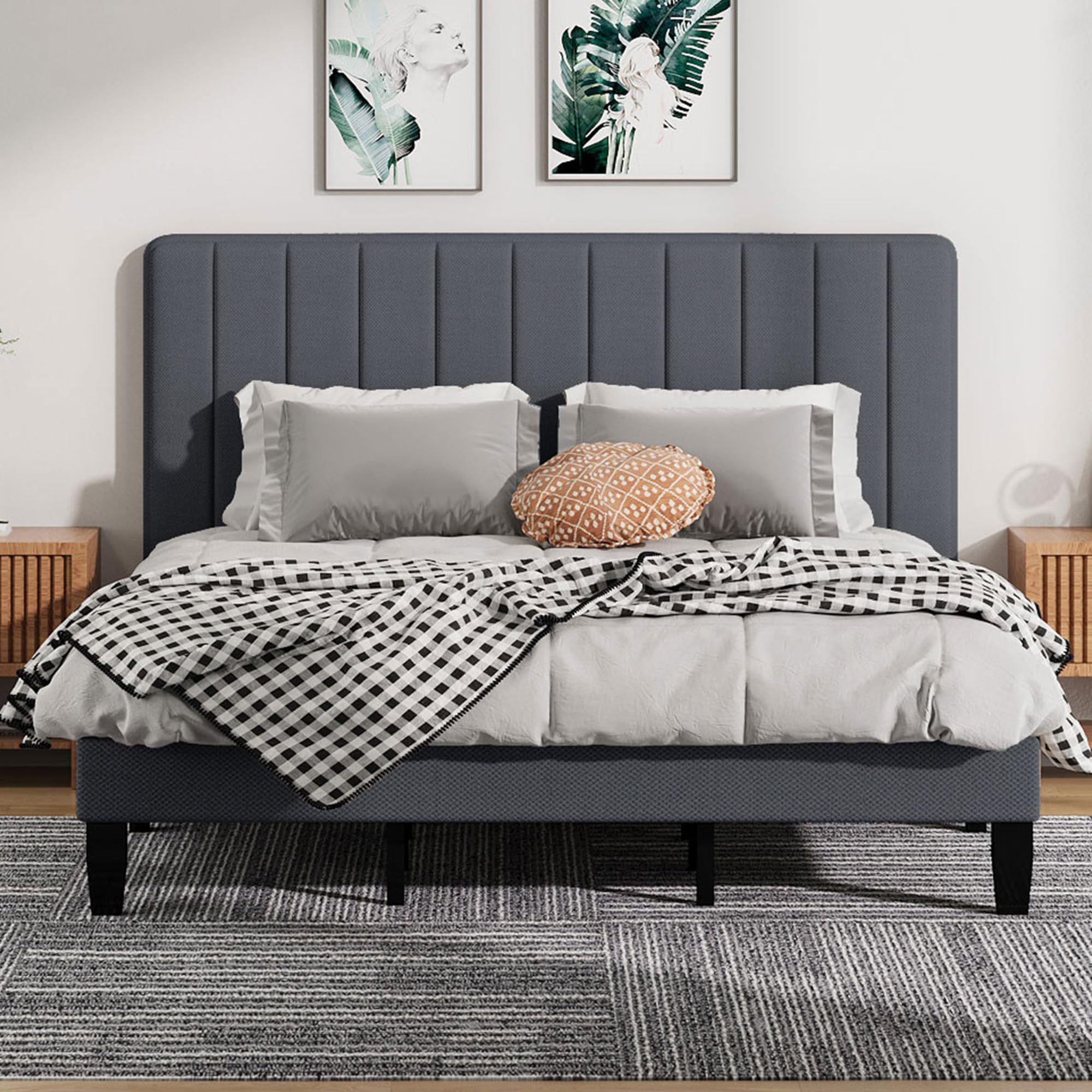 King Size Bed Frame with Fabric Upholstered Platform Bed and Wooden Slats Support, Adjustable Height Headboard/No Box Spring Needed/Easy Assembly/Mattress Foundation