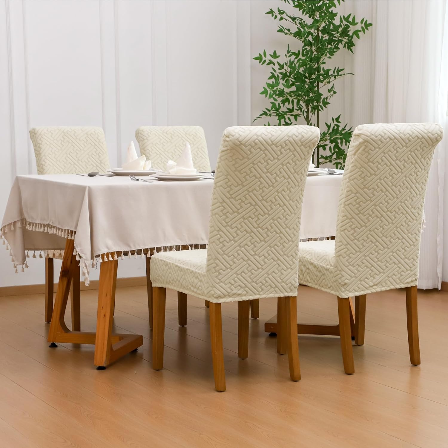 FORCHEER Dining Room Chair Covers Set of 6 Beige Jacquard Stretch Parsons Chair Slip Covers Washable Removable