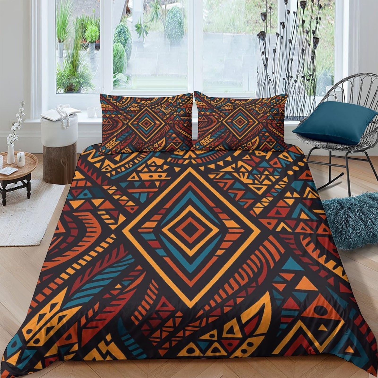 GPLZQXKJNH 3D Printed Tribal Geometric Duvet Cover Microfiber Soft Breathable Aztec Bedding Set with 2 Pillowcases for Bedroom Decor Single（135x200cm）