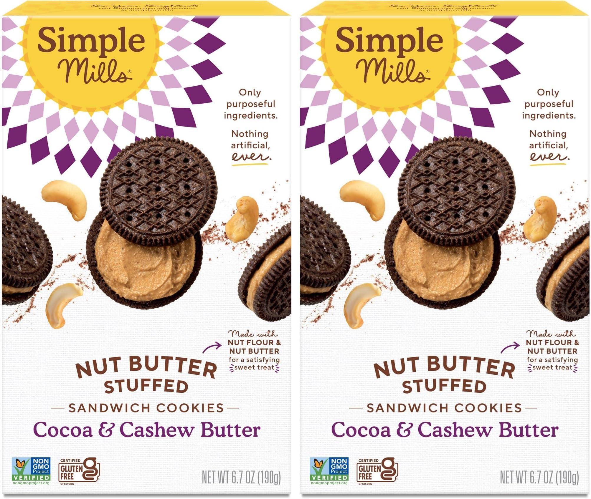 Simple Mills, Cocoa Cashew Crème Sandwich Cookies - Gluten Free, Vegan (Pack of 2)