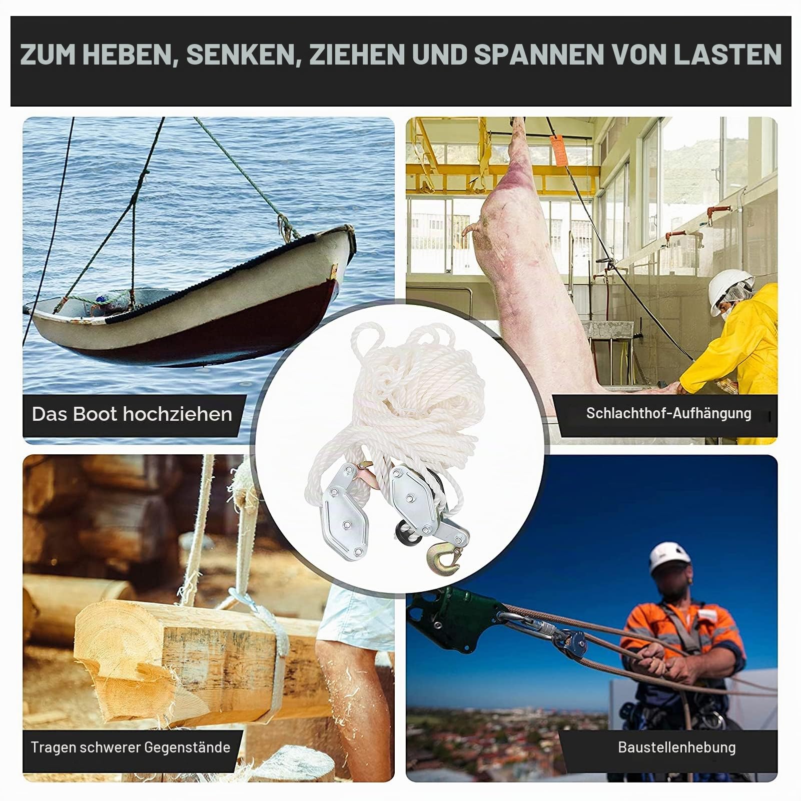 Flaschenzug 2000 kg Tragkraft seilzug Verzinkter Stahl 65 ft Seillänge flaschenzug mit seilbremse Umlenkrolle hängendes Draht Abschlepprad für industrielle Baustellen