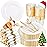 Liacere 350PCS Gold Plastic Plates-Disposable White and Gold Plates 50guest Baroque Plastic Dinnerware include 100Plates, 50Pack Pre Rolled Napkins with Silverware 50Cups for Wedding&Christmas
