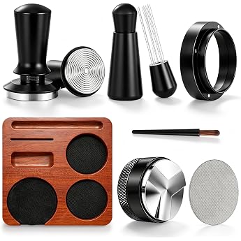 Espresso Tamper 58 mm Set 7-Piece Barista Accessories with Tamper WDT Tool Distributor Dosing Funnel Puck Screen Tamper Station and Cleaning Brush