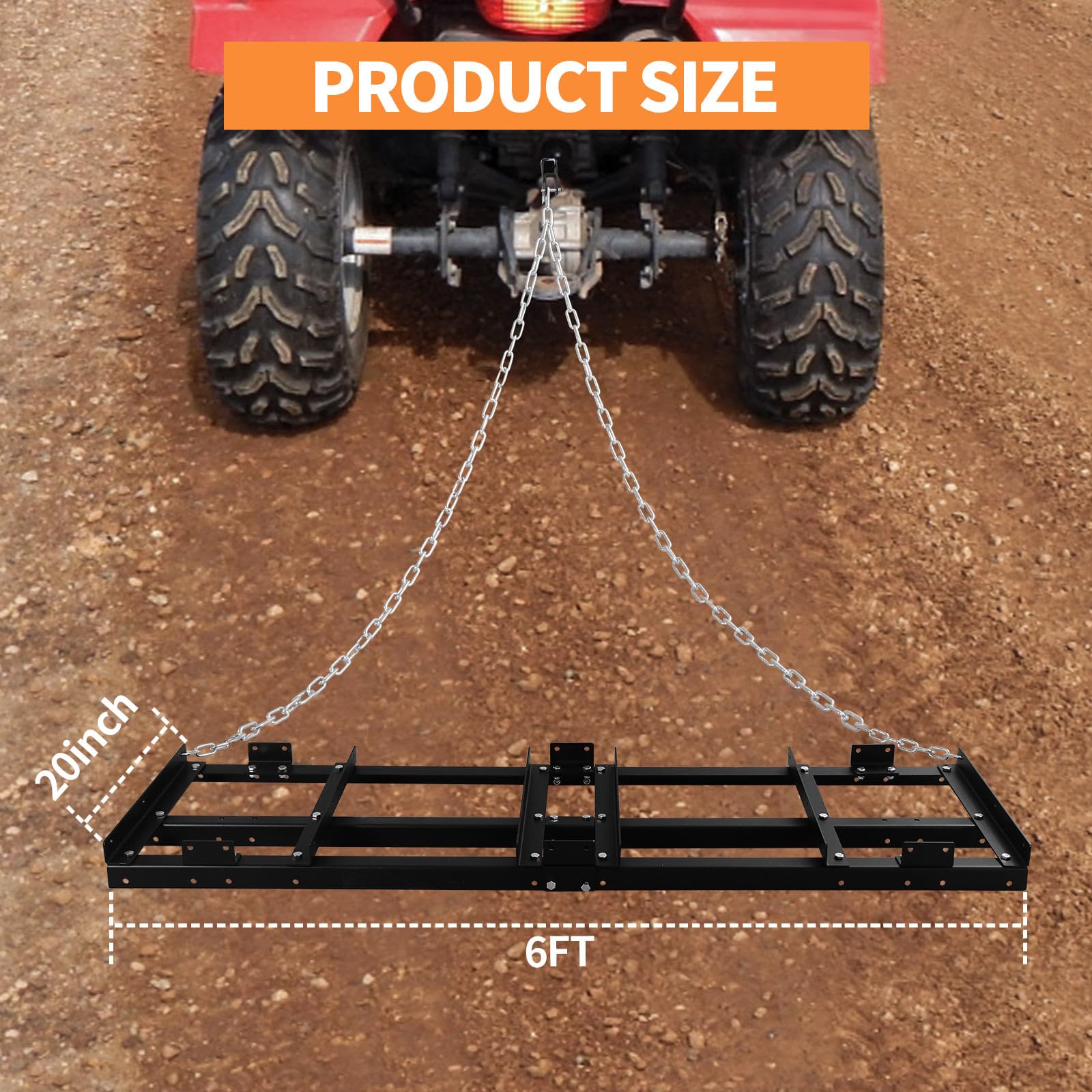 Remolque resistente detrás del rastrillo de césped y nivelador de tierra para grava, suelo, heno, compatible con ATV, UTV, tractor, cortacésped