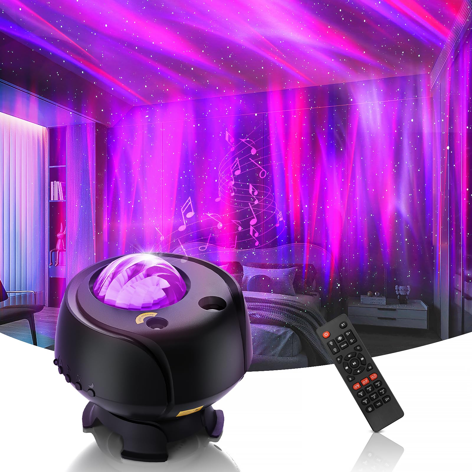 Der größte Abdeckungsbereich Sternenhimmel Projektor,Led Polarlicht Lampe mit 15 Kombinationen,60 Lichteffekte,Ferngesteuertes Nachtlicht mit Bluetooth-Lautsprecher,Timer
