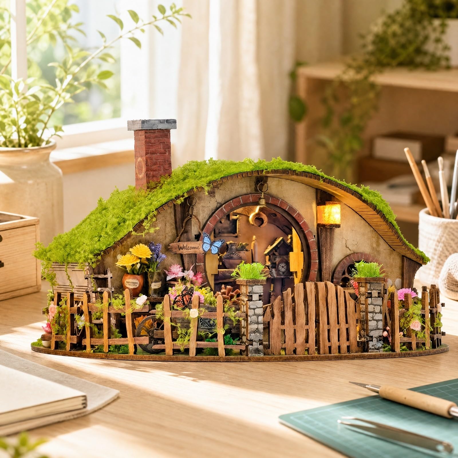 Qianly Modello di Casetta Stile Cottage con Luce Touch Dettagliato Modello di Casetta con Giardino e Interni Dettagliati per Mensola