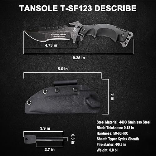 Miniatura 9 de TANSOLE Cuchillo de supervivencia, cuchillos tácticos de hoja fija con funda Kydex Cinturón knofe para acampar Cuchillo de espiga completa cuchillo