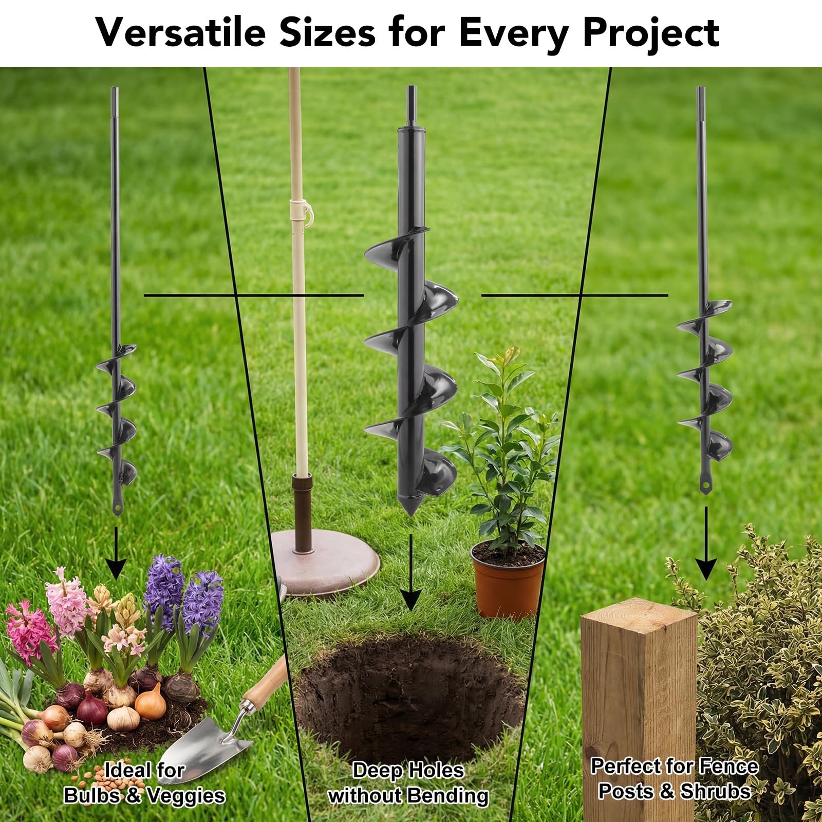 Juego de 3 brocas de taladro para plantar, 1.6 x 16.5, 2 x 14.5, 3.5 x 16 pulgadas, compatible con taladro hexagonal de 3/8 pulgadas para plantar bulbos, plantas de cama, mezclar tierra
