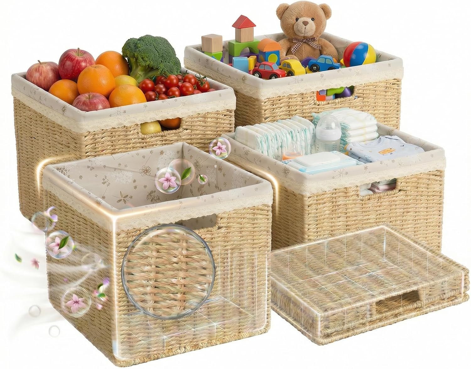 4PC Foldable 13 x 13 Storage Baskets, Handwoven Paper Rope with Reinforced Structure, Removable Liner, No Sharp Edges, Odor-Free, for Nursery, Living Room, Closet, Bedroom, Shelves