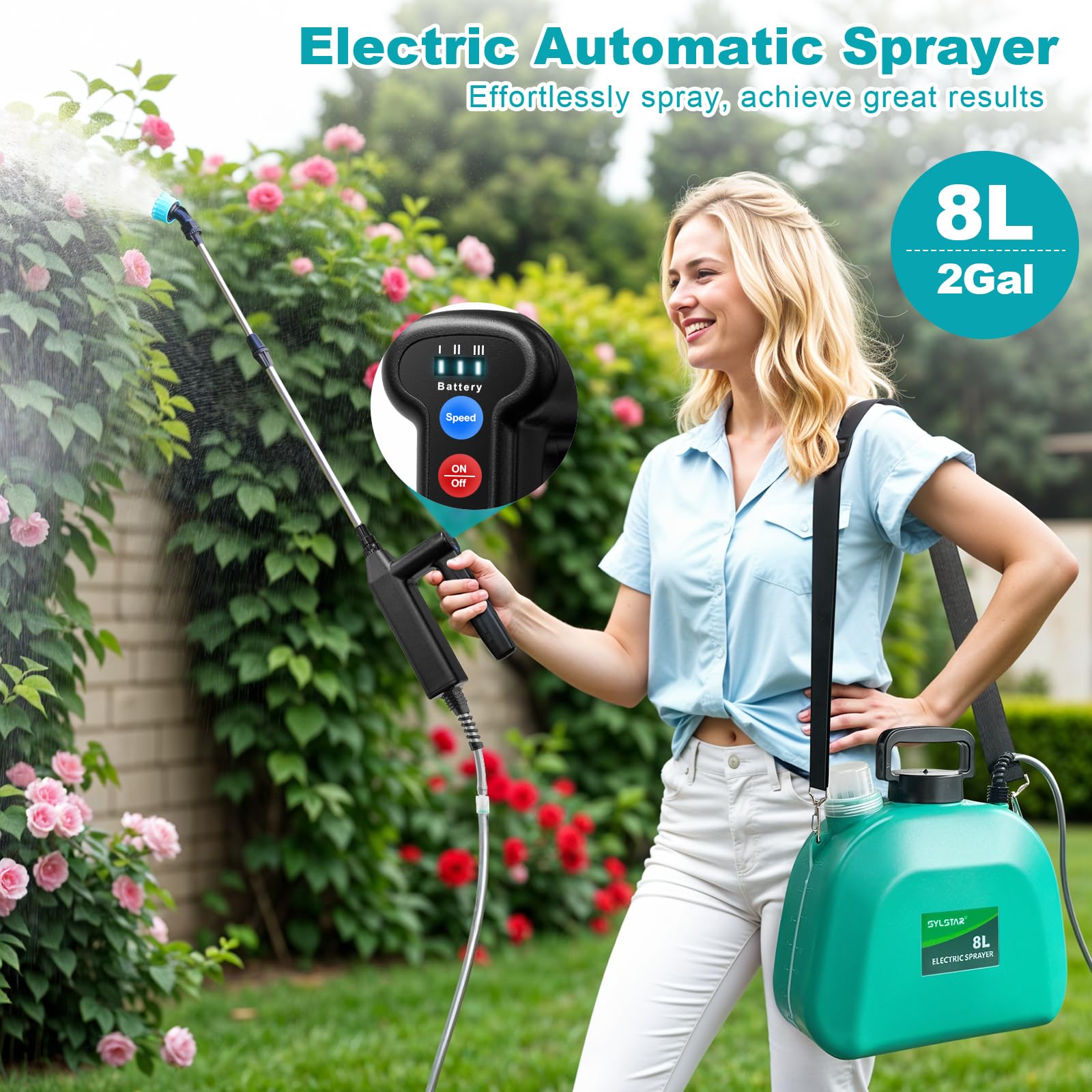 SYLSTAR Pulverisateur Electrique 8L 7.4V Jardin avec 4 Buses Reglables 3 Vitesses Canne Telescopique